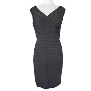 Adrianna Papell  Black Pleated Cocktail Dress Crossover Sheath Beaded Size 4